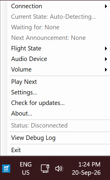 Right-click the tray icon to find Settings and flight controls. This example is disconnected.