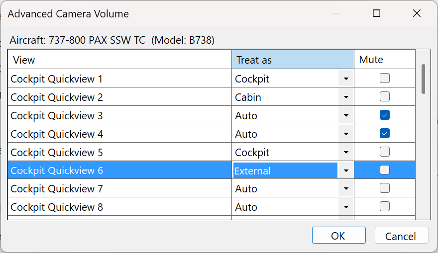 Example B738 rules: Quickview 2 uses Cabin; Quickviews 3 and 4 are muted.