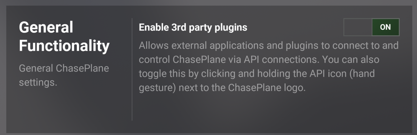 General Functionality: Enable 3rd party plugins is ON.