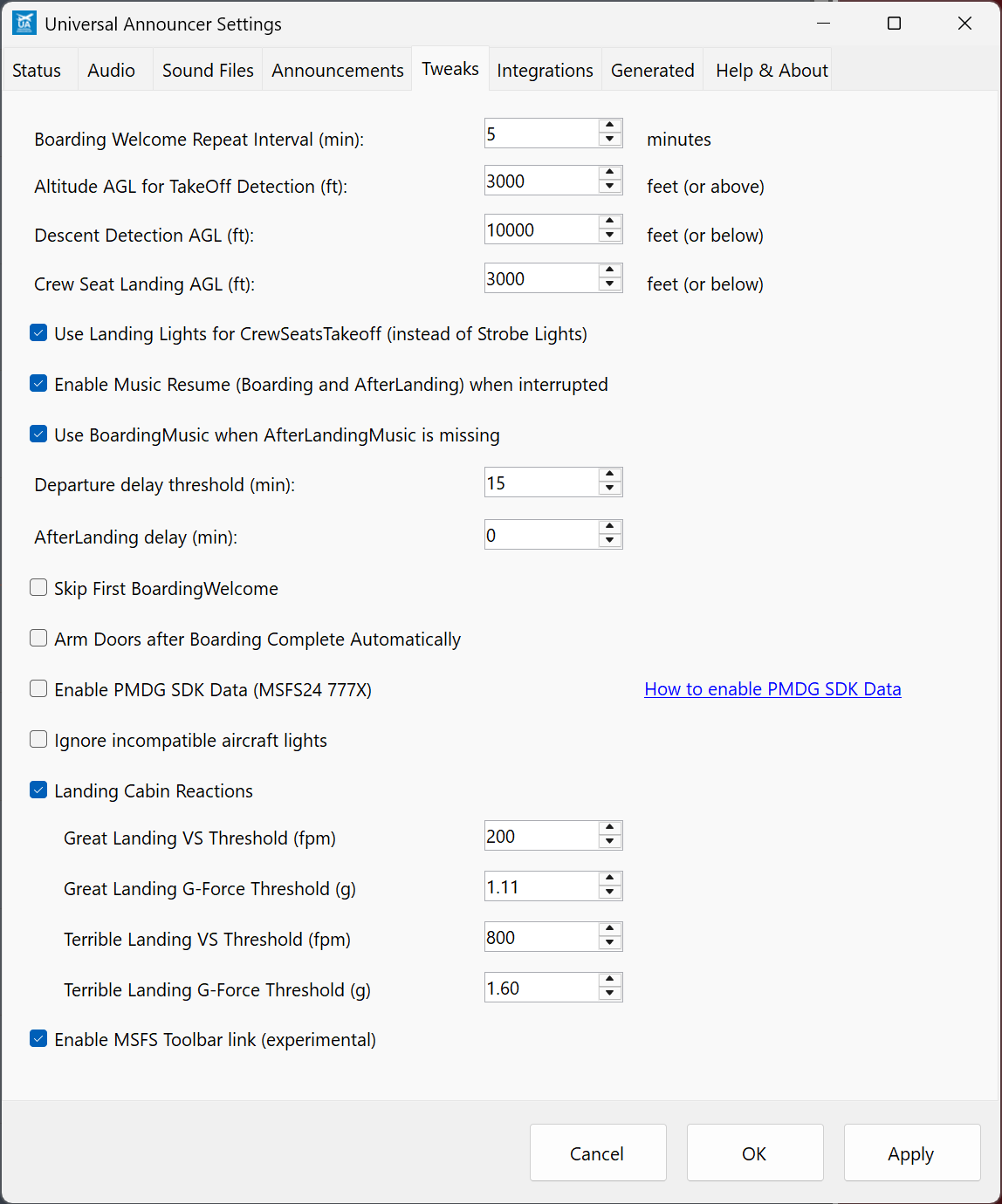 Tweaks with example user settings. The tables on the following pages give the code defaults.